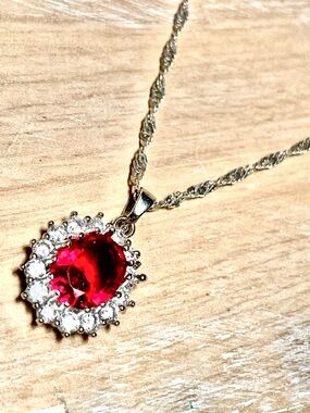 Sterling-Style Necklace with Deep Red Ruby Tone Halo Pendant